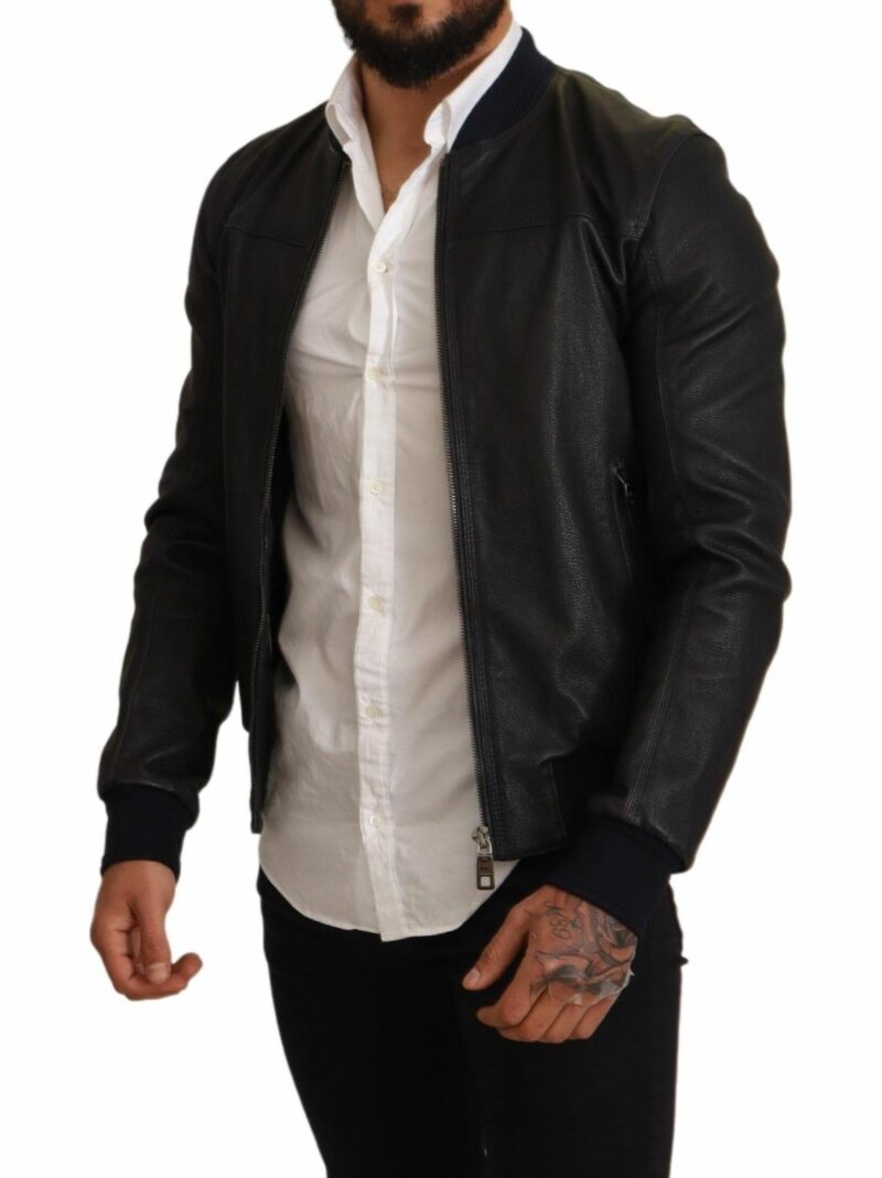Dolce & Gabbana Elegant Leather Bomber Jacket in Dark Blue - Image 6