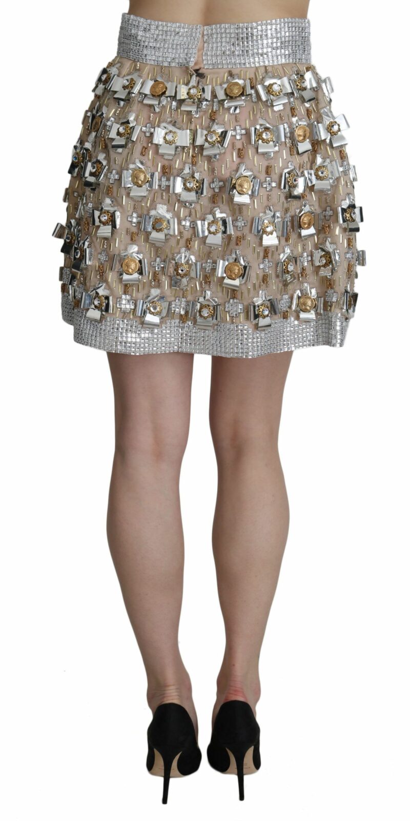 Dolce & Gabbana Silver Embellished High Waist Mini Skirt - Image 4