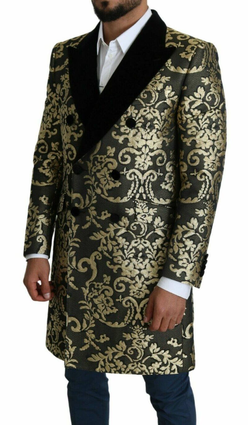 Dolce & Gabbana Gold Black Sicilia Jacquard Double-Breasted Coat - Image 2