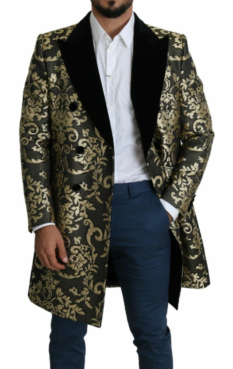 Dolce & Gabbana Gold Black Sicilia Jacquard Double-Breasted Coat - Image 6