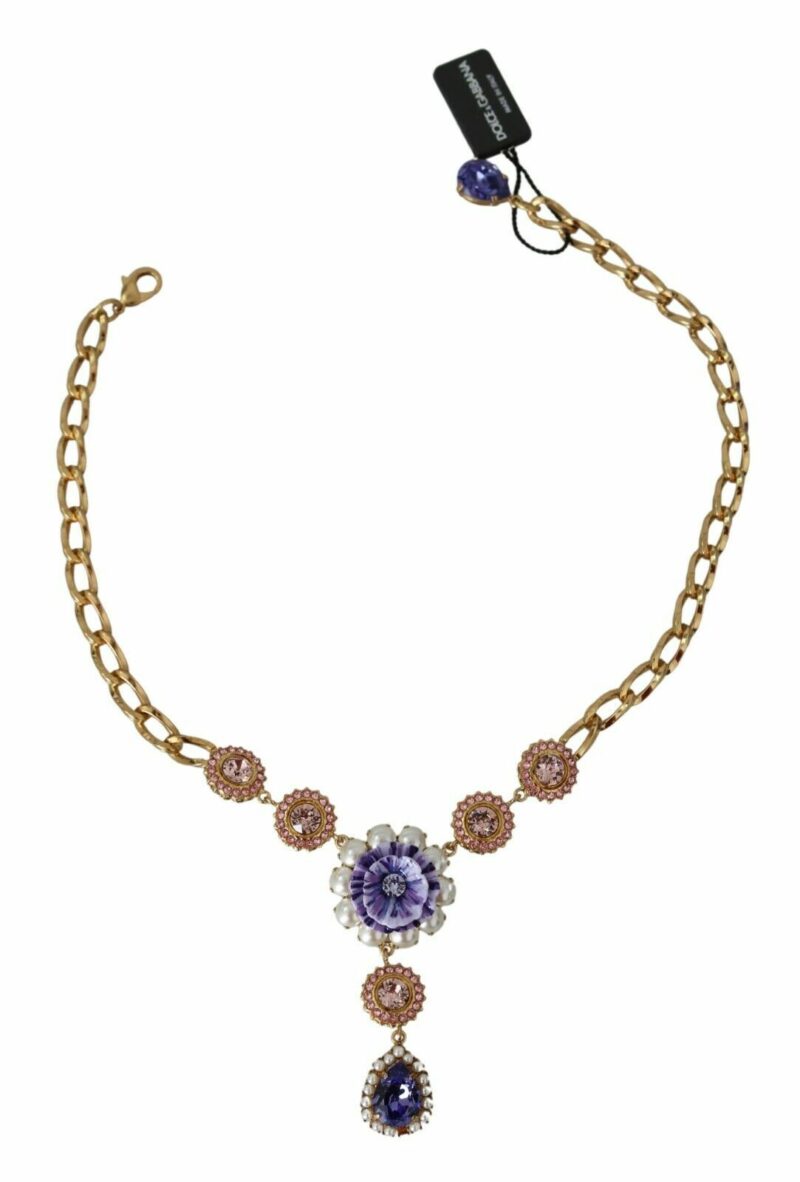 Dolce & Gabbana Elegant Gold Crystal Floral Charm Necklace - Image 2