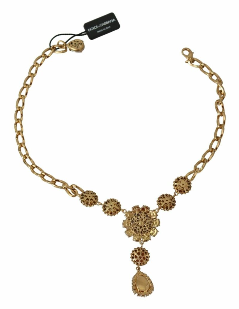 Dolce & Gabbana Elegant Gold Crystal Floral Charm Necklace - Image 5