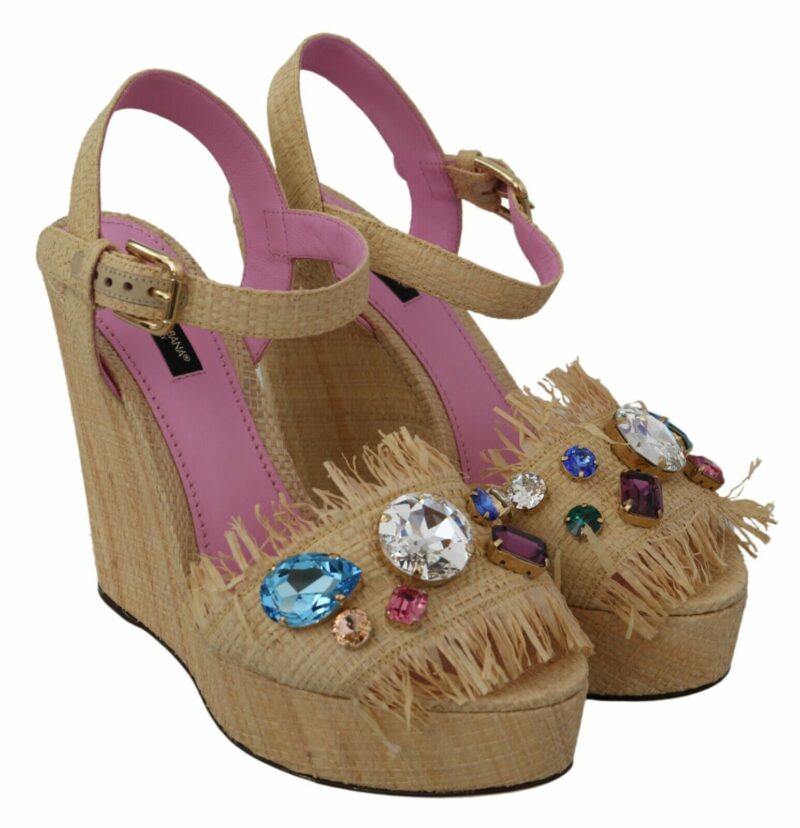 Dolce & Gabbana Beige Silk Strap Wedge Sandals - Image 6