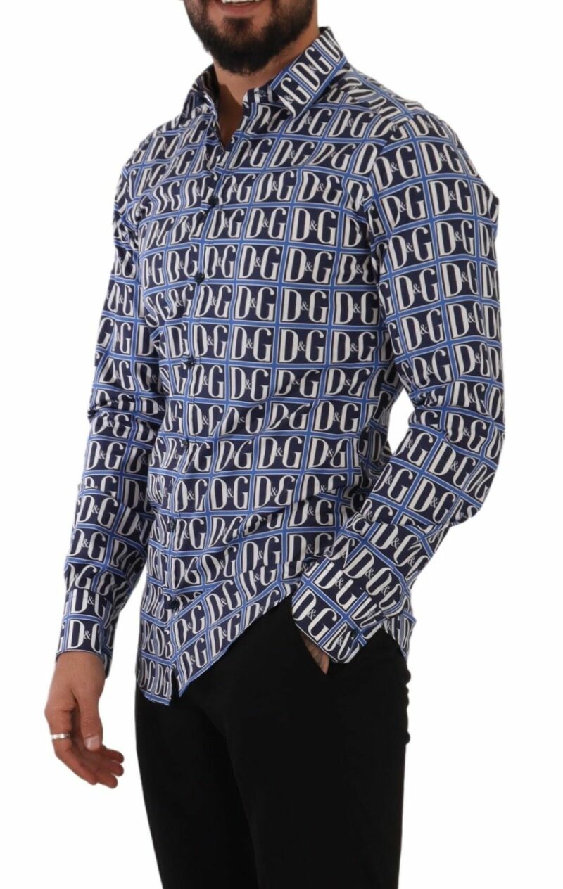 Dolce & Gabbana Slim Fit Blue Logo Cotton Shirt - Image 5