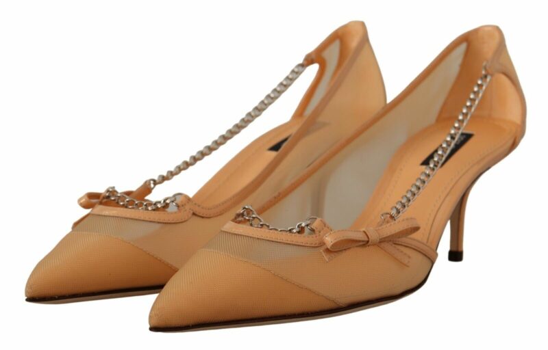 Dolce & Gabbana Elegant Beige Mesh Pumps with Silver Chains - Image 2