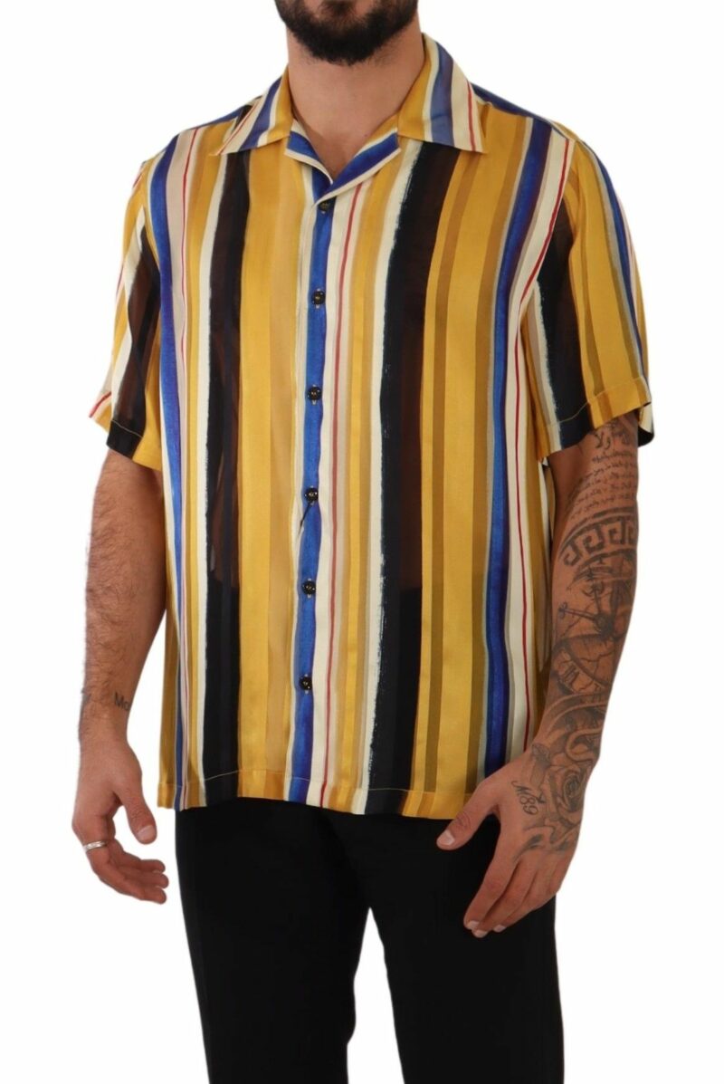 Dolce & Gabbana Yellow Striped Silk-Blend Men's Shirt - Image 5