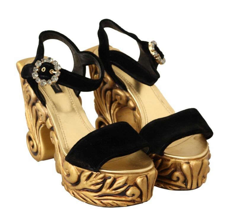 Dolce & Gabbana Baroque Velvet Heels in Black and Gold - Image 5