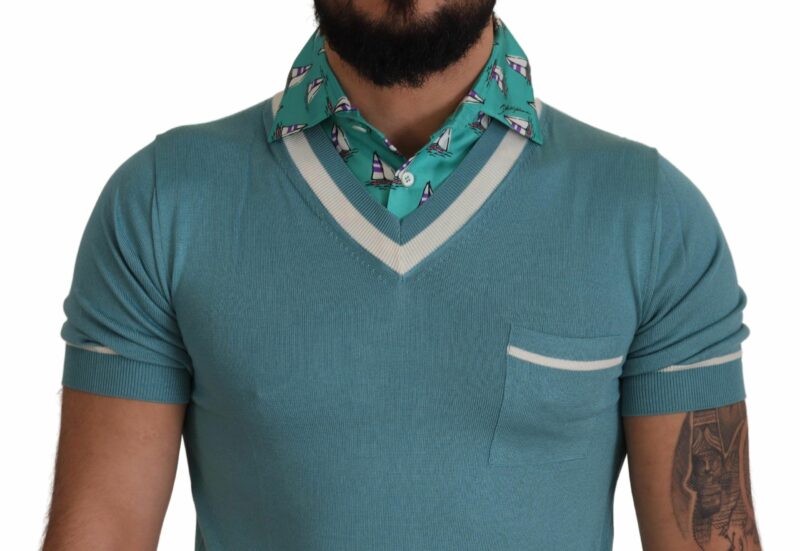 Dolce & Gabbana Elegant Silk Polo Tee with Boat Collar Print - Image 4