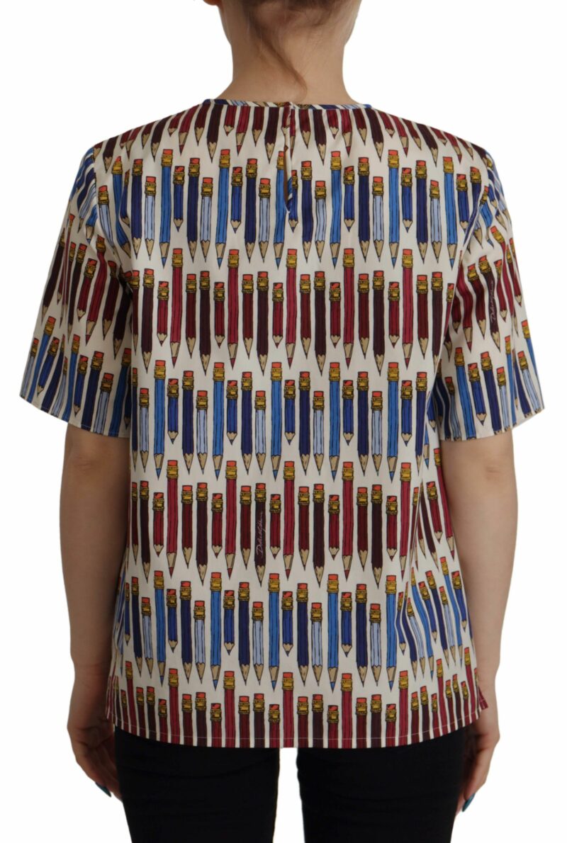 Dolce & Gabbana Chic White Pencil Print Short Sleeve Blouse - Image 3