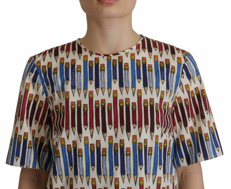 Dolce & Gabbana Chic White Pencil Print Short Sleeve Blouse - Image 4