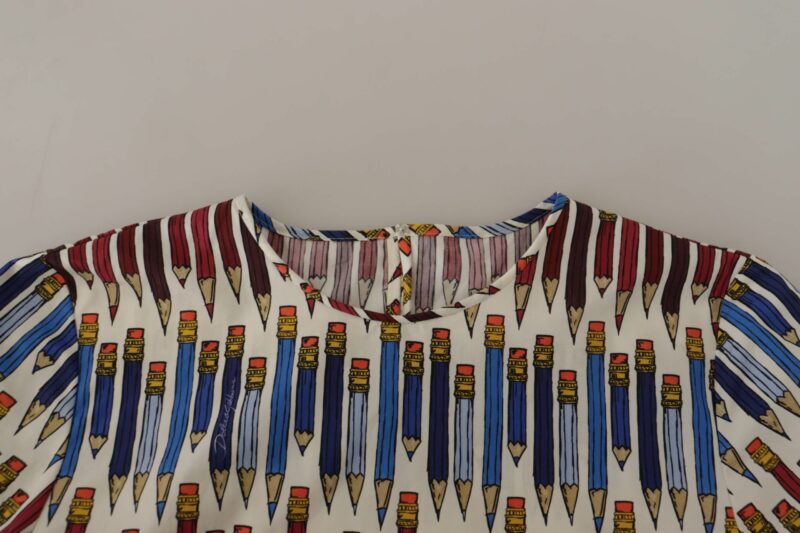 Dolce & Gabbana Chic White Pencil Print Short Sleeve Blouse - Image 5