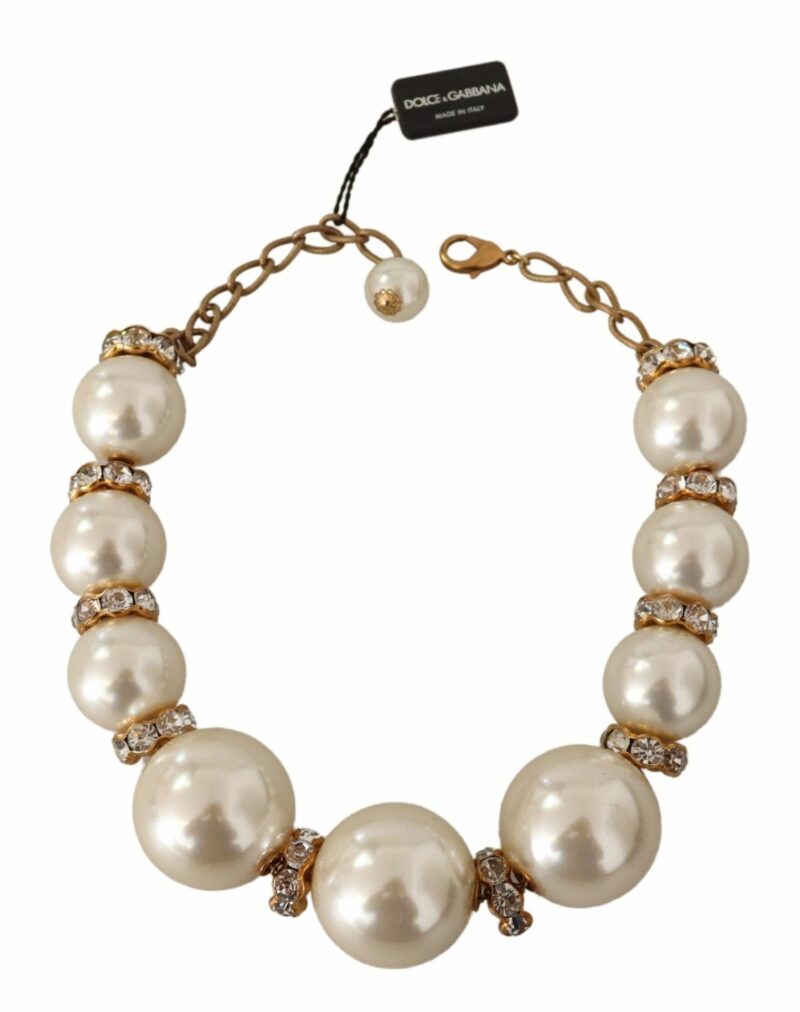 Dolce & Gabbana Elegant Faux Pearl Charm Necklace with Crystal Accents - Image 4