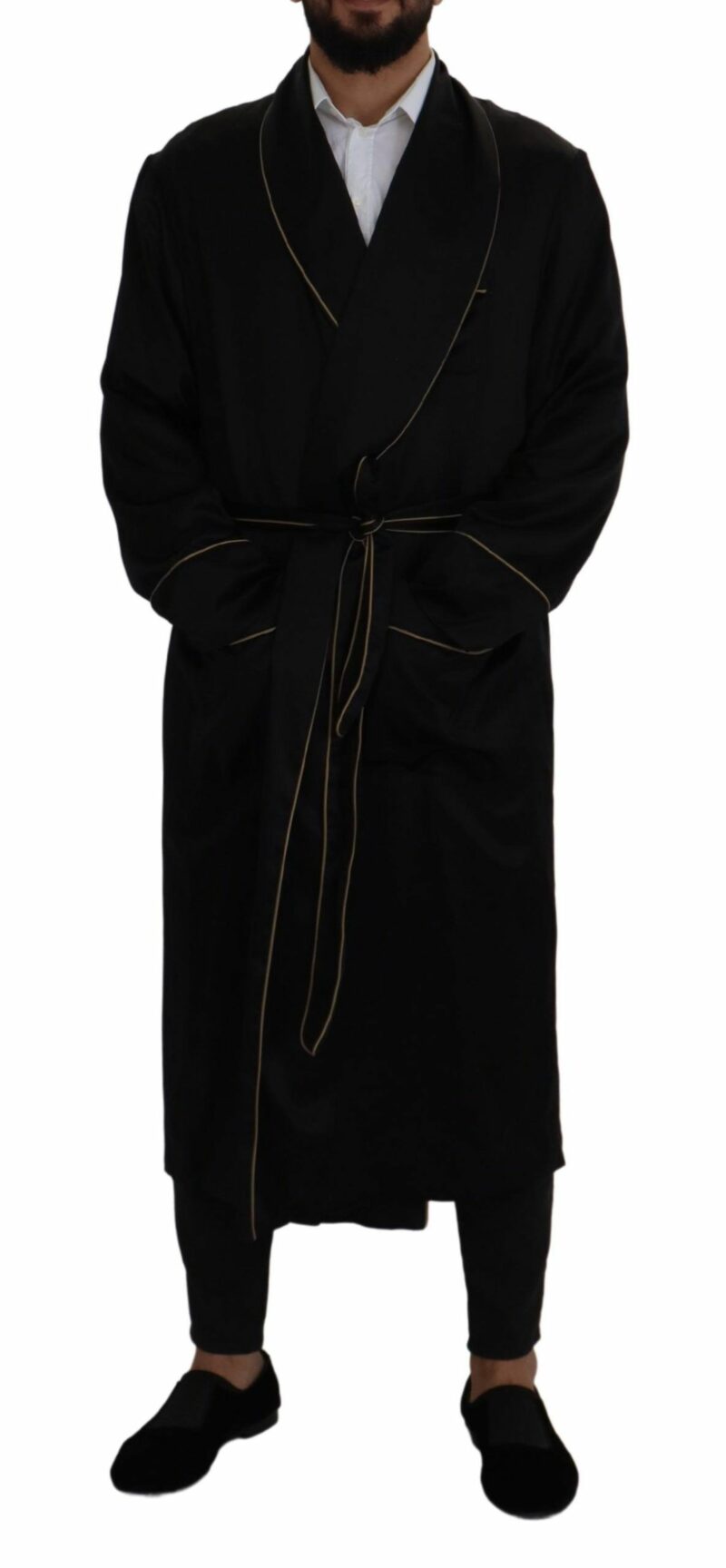 Dolce & Gabbana Elegant Black Silk Long Robe Coat - Image 4