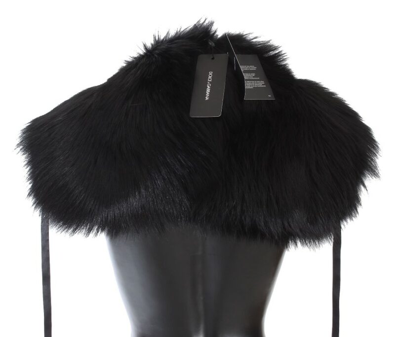 Dolce & Gabbana Elegant Black Fox Fur Silk Shoulder Wrap - Image 4