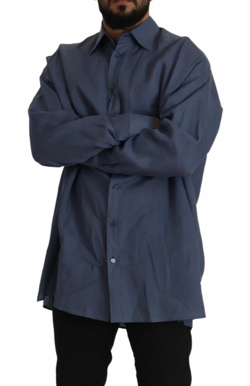 Dolce & Gabbana Elegant Dark Blue Linen Dress Shirt - Image 5