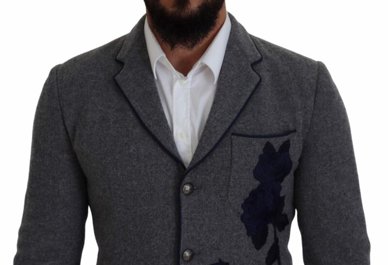 Dolce & Gabbana Elegant Gray Wool Blazer with Blue Rose Embroidery - Image 3