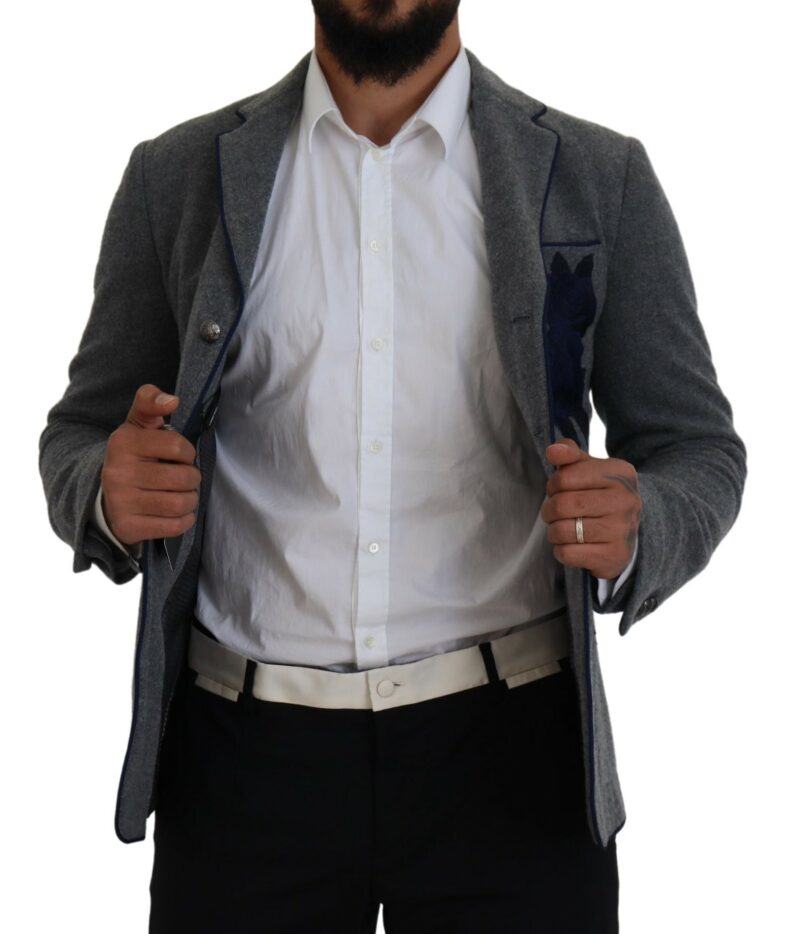 Dolce & Gabbana Elegant Gray Wool Blazer with Blue Rose Embroidery - Image 4