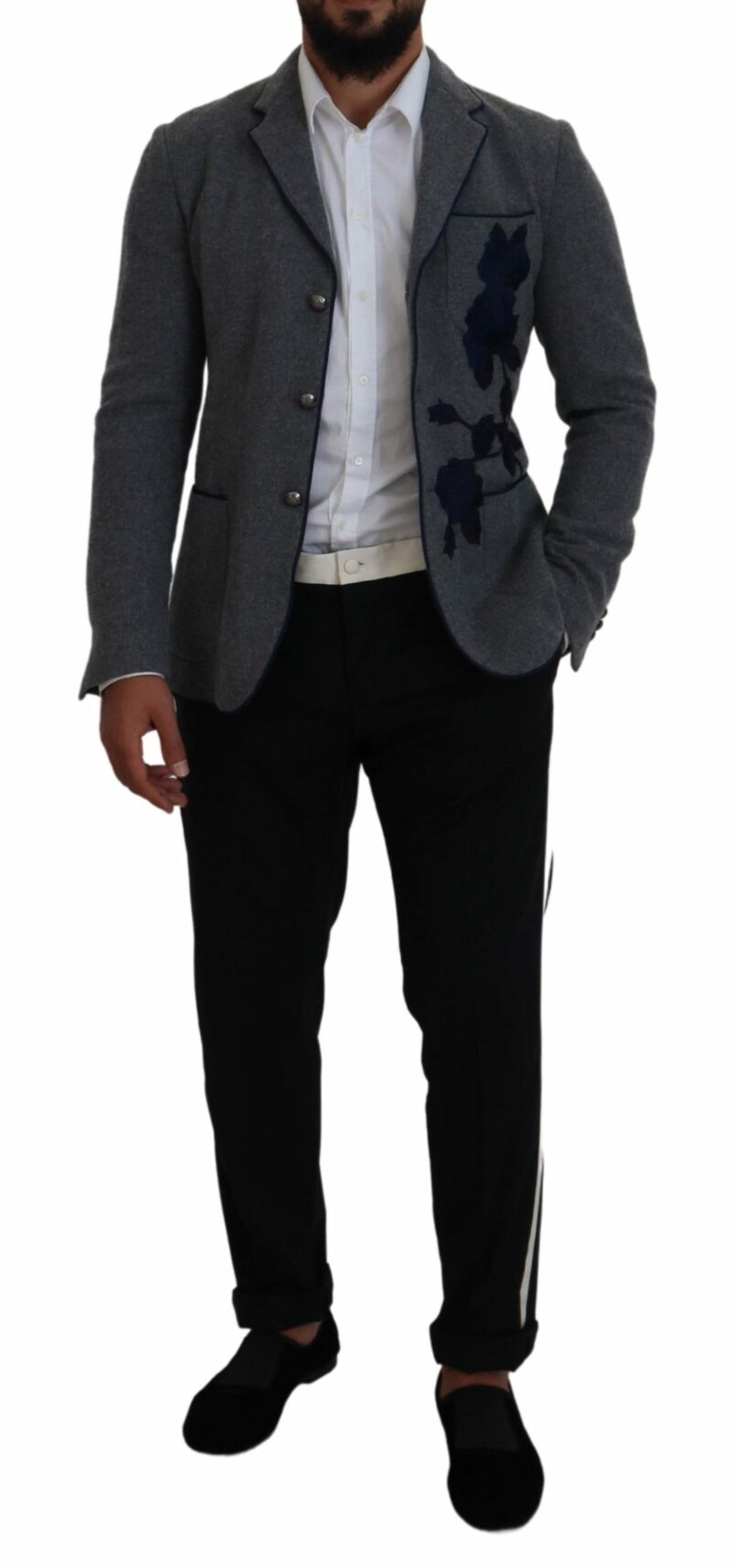 Dolce & Gabbana Elegant Gray Wool Blazer with Blue Rose Embroidery - Image 5