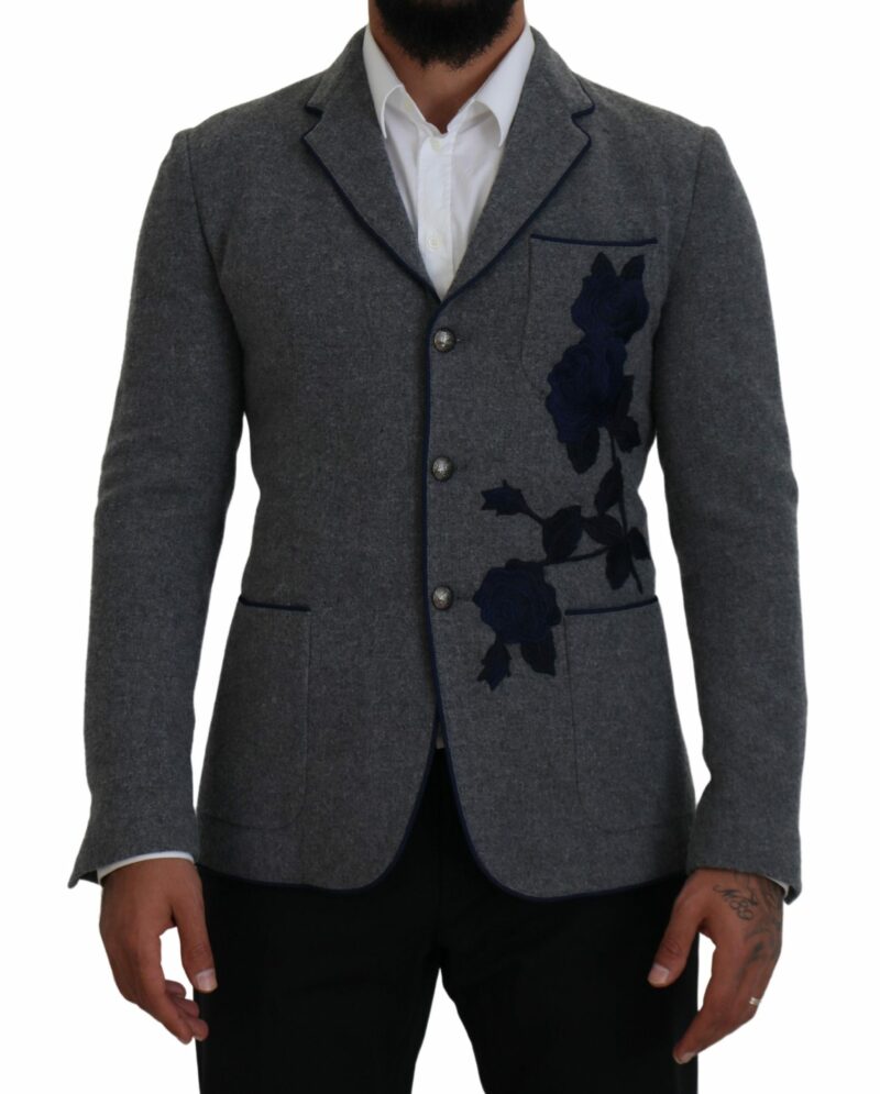 Dolce & Gabbana Elegant Gray Wool Blazer with Blue Rose Embroidery - Image 6