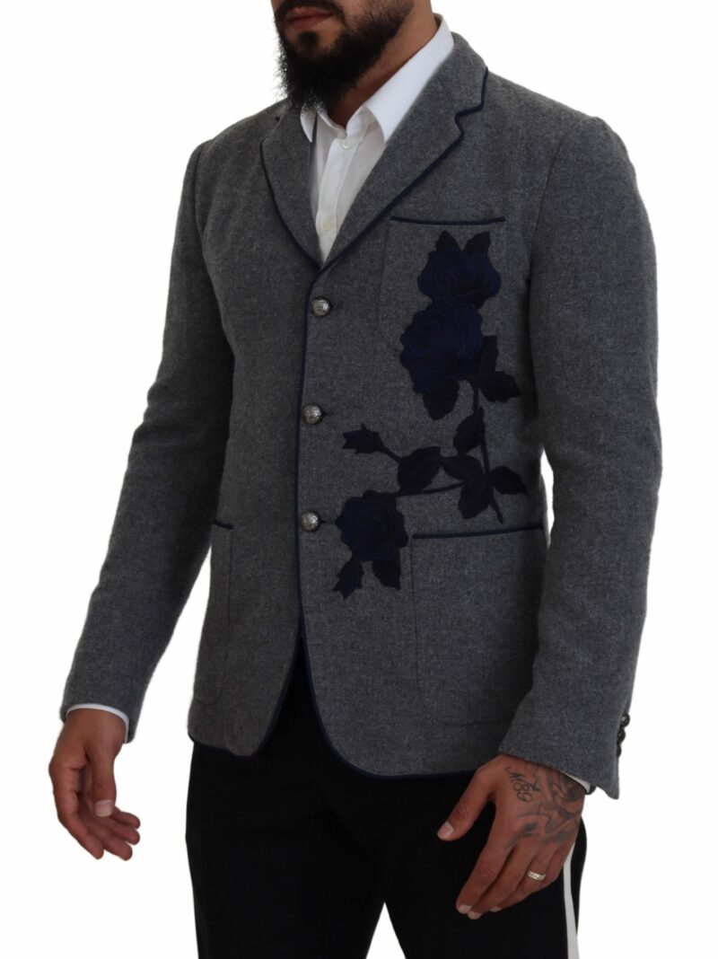Dolce & Gabbana Elegant Gray Wool Blazer with Blue Rose Embroidery - Image 7