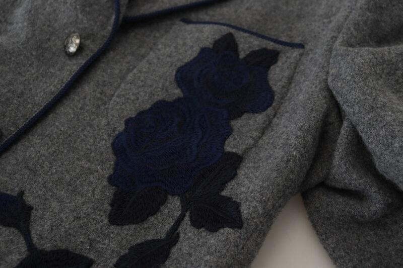 Dolce & Gabbana Elegant Gray Wool Blazer with Blue Rose Embroidery - Image 8