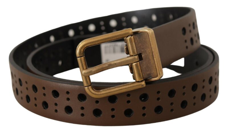Dolce & Gabbana Elegant Brown Leather Belt with Golden Buckle - Image 2