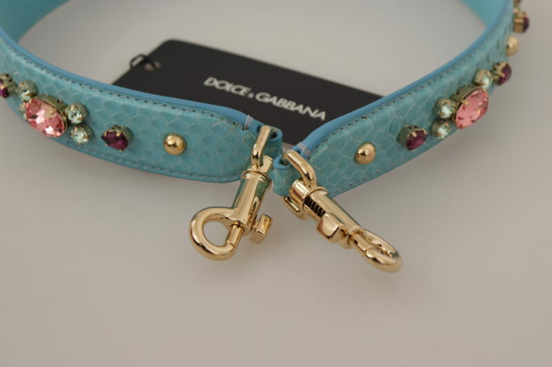 Dolce & Gabbana Elegant Blue Leather Bag Strap with Gold Accents - Image 4