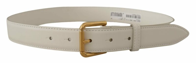 Dolce & Gabbana Chic White Leather Belt with Gold Engraved Buckle - Image 3