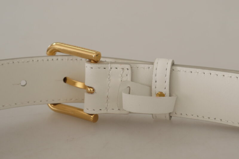 Dolce & Gabbana Chic White Leather Belt with Gold Engraved Buckle - Image 5
