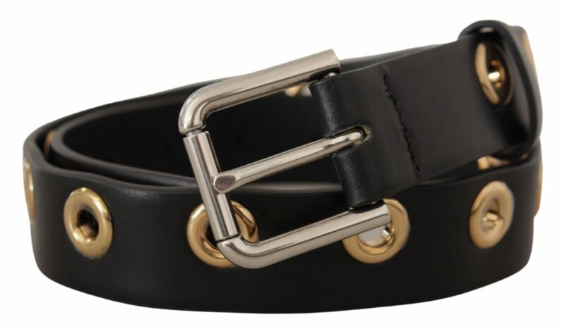 Dolce & Gabbana Chic Black Leather Belt with Engraved Buckle - Image 2
