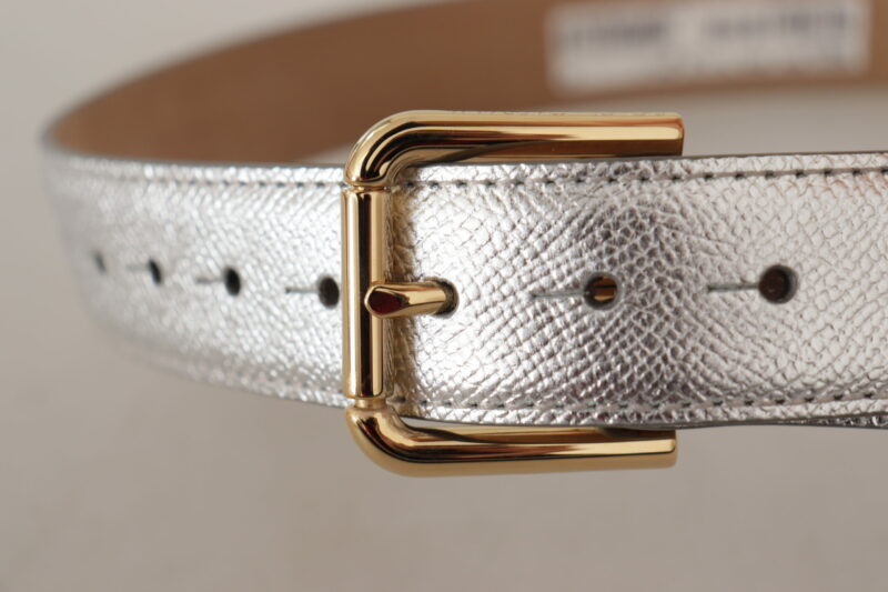 Dolce & Gabbana Elegant Silver Leather Belt with Engraved Buckle - Image 4