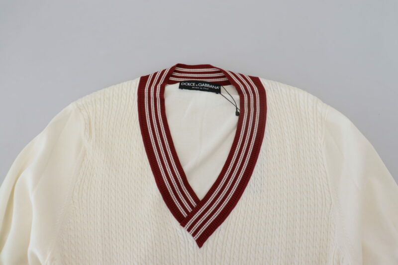 Dolce & Gabbana Off White Silk Cotton V-Neck Sweater - Image 6