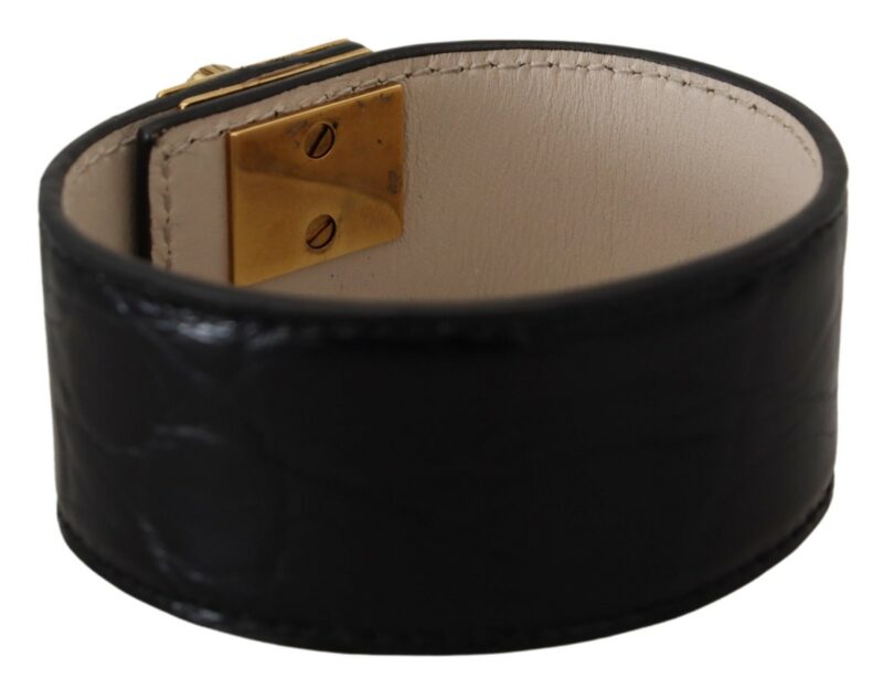 Dolce & Gabbana Elegant Black Leather Gold Detail Bracelet - Image 2