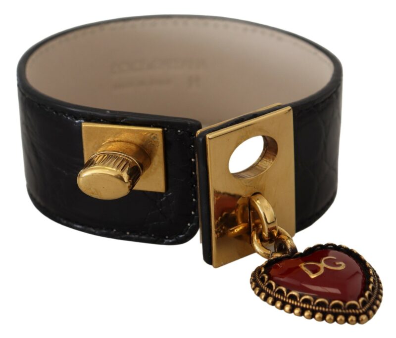 Dolce & Gabbana Elegant Black Leather Gold Detail Bracelet - Image 3