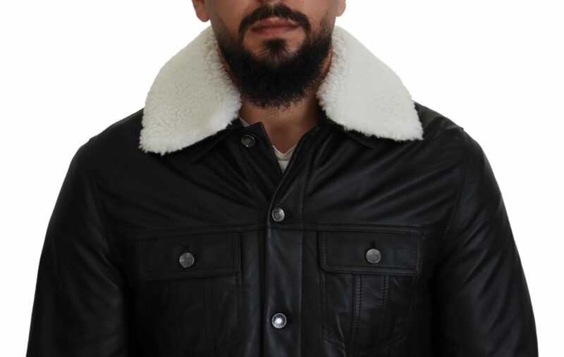 Dolce & Gabbana Elegant Black Leather Bomber Jacket - Image 4