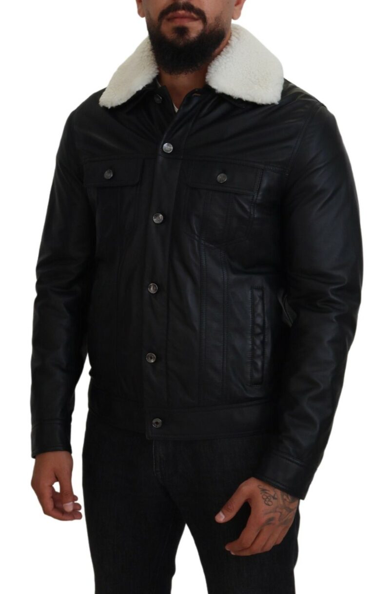 Dolce & Gabbana Elegant Black Leather Bomber Jacket - Image 5