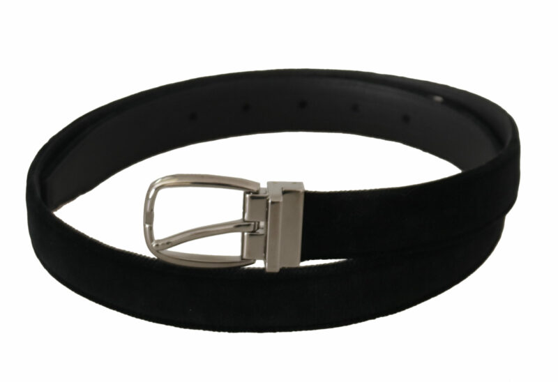Dolce & Gabbana Elegant Black Velvet Engraved Buckle Belt - Image 2