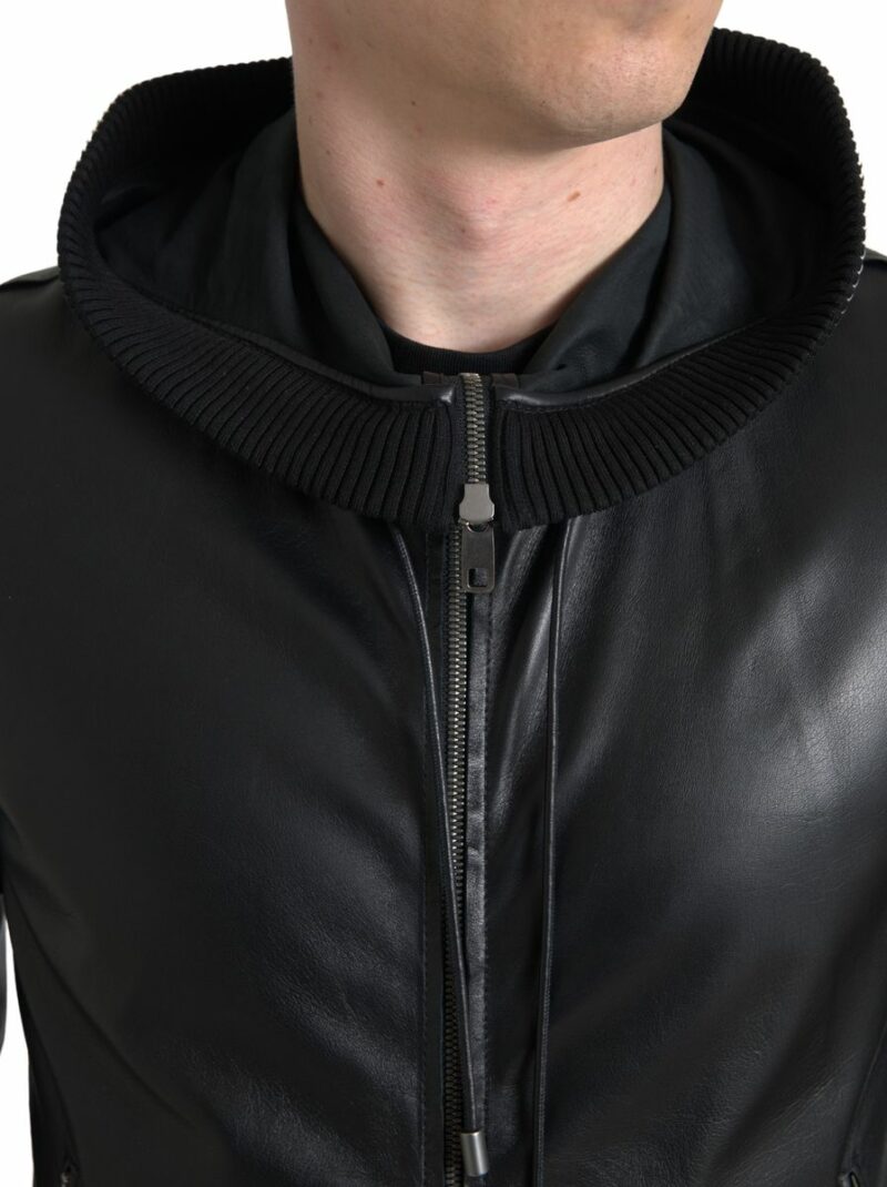 Dolce & Gabbana Elegant Black Leather Bomber Jacket - Image 3