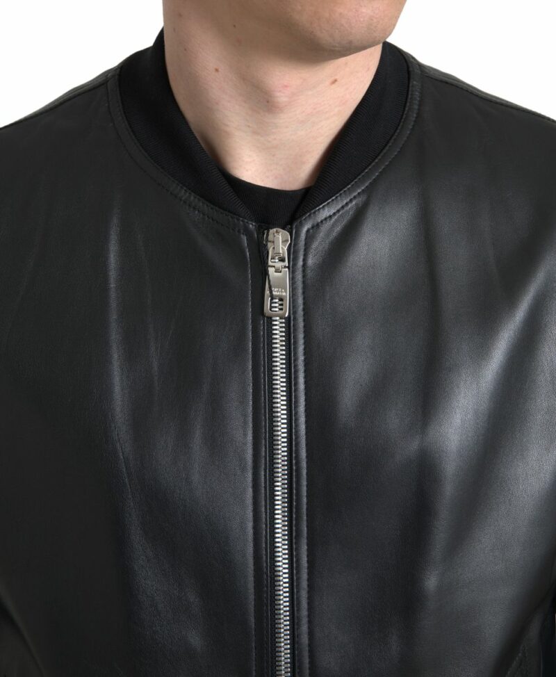 Dolce & Gabbana Elegant Black Leather Bomber Jacket - Image 2