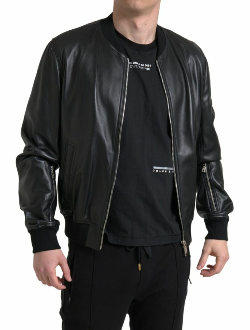 Dolce & Gabbana Elegant Black Leather Bomber Jacket - Image 4