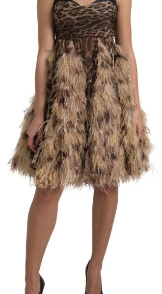 Dolce & Gabbana Sleeveless Leopard Chiffon Ostrich-Feather Dress