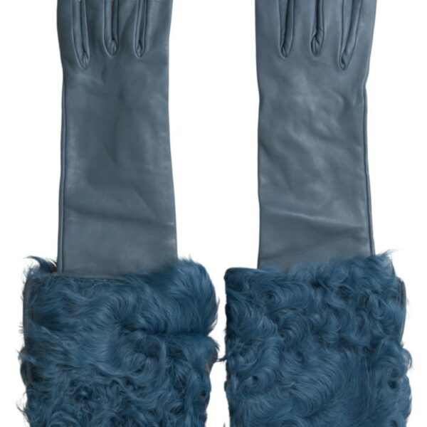 Dolce & Gabbana Elegant Blue Leather Gloves with Fur Trim