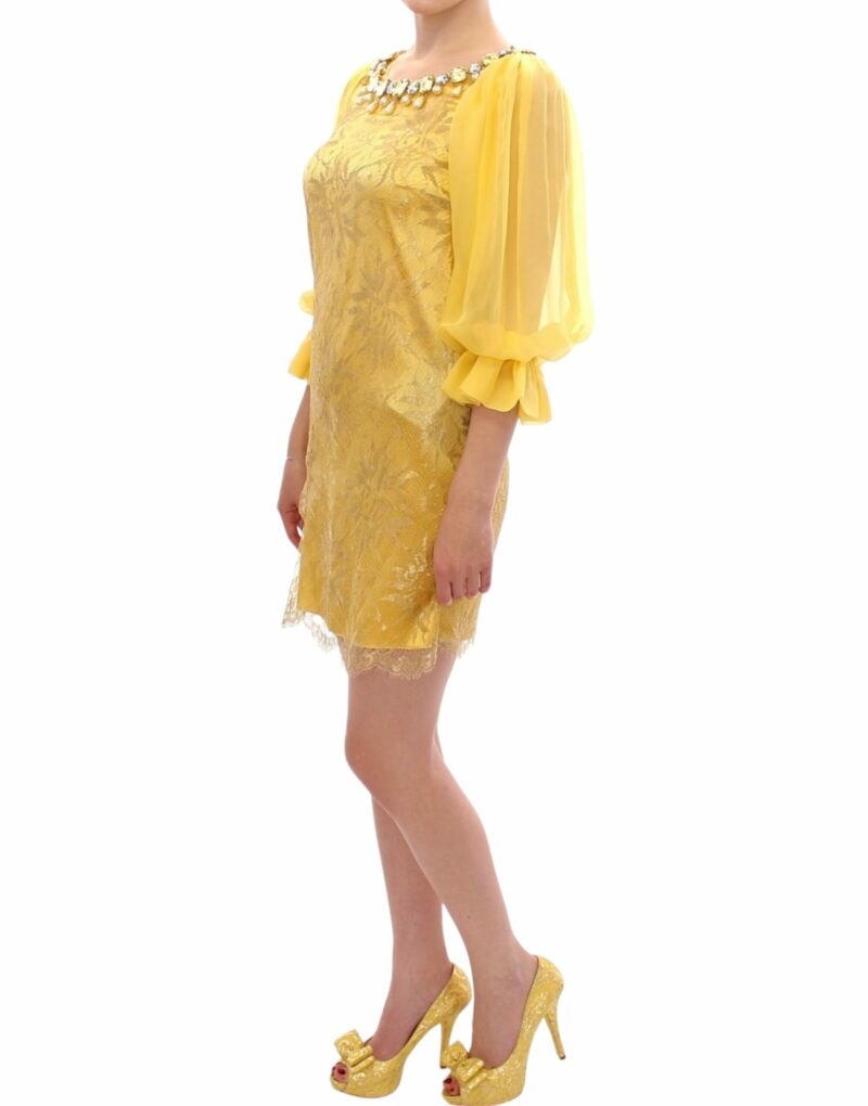 Dolce & Gabbana Yellow Lace Crystal Embellished Mini Dress - Image 3