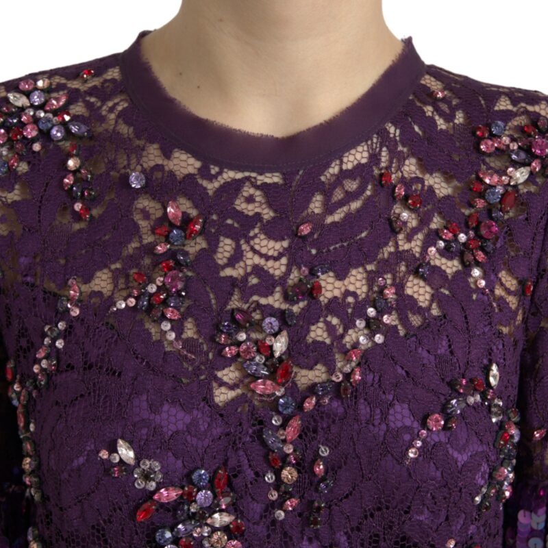 Dolce & Gabbana Elegant Purple Floral Lace Crystal Dress - Image 5