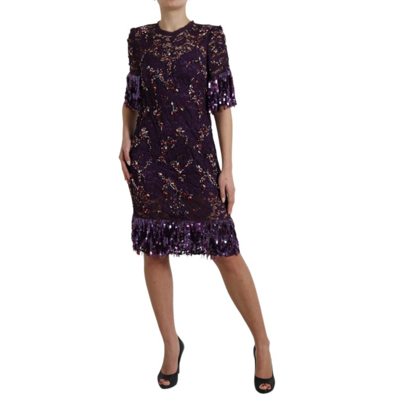 Dolce & Gabbana Elegant Purple Floral Lace Crystal Dress - Image 3