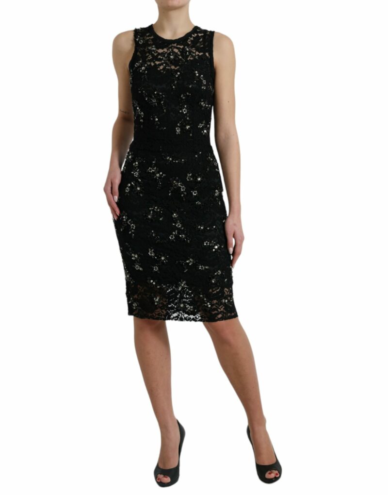 Dolce & Gabbana Exquisite Black Floral Lace Crystal Sheath Dress - Image 5
