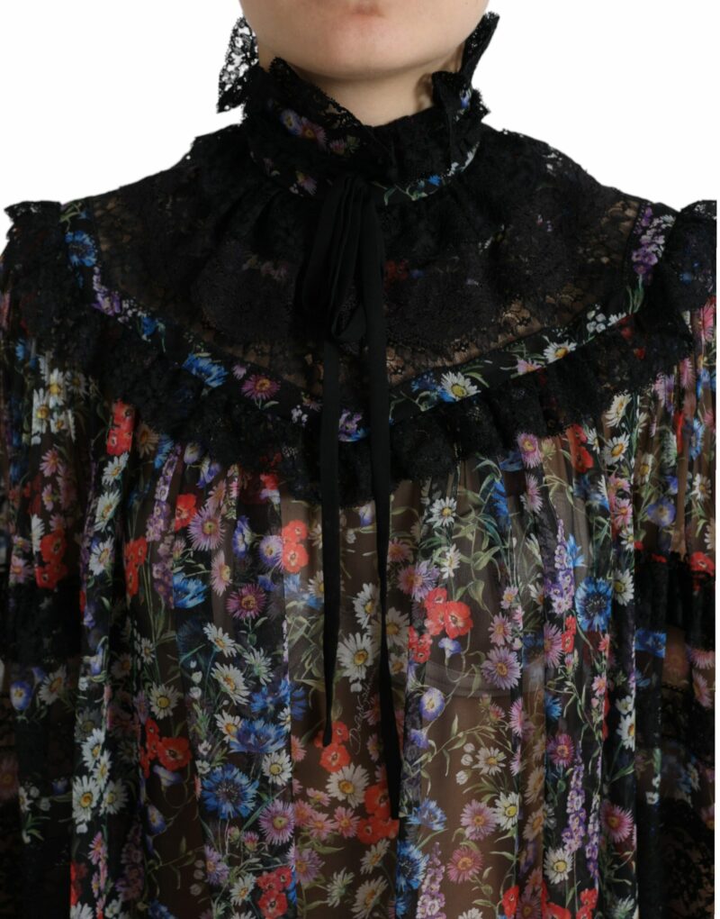Dolce & Gabbana Elegant Floral Silk Blouse with Lace Trim - Image 4