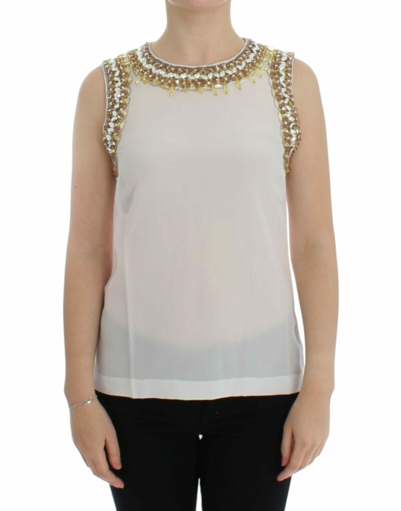 Dolce & Gabbana Elegant Sleeveless Silk Blouse with Crystal Embellishment