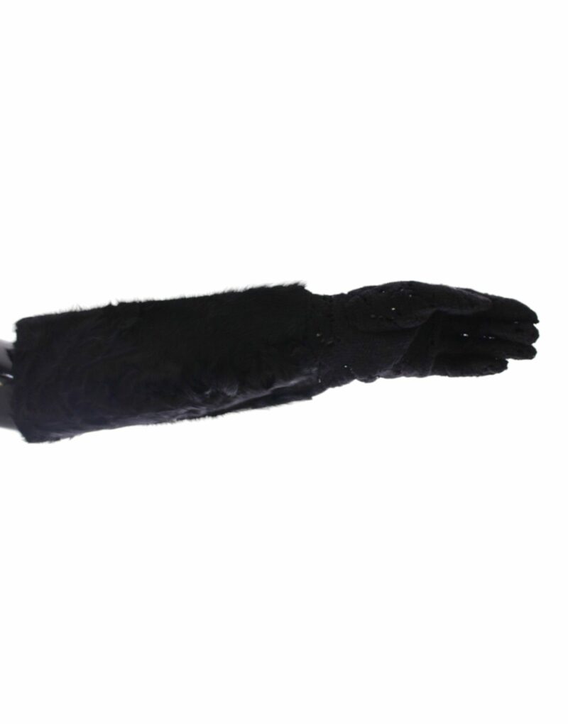 Dolce & Gabbana Black Wool Lace & Lamb Fur Elbow Gloves - Image 3