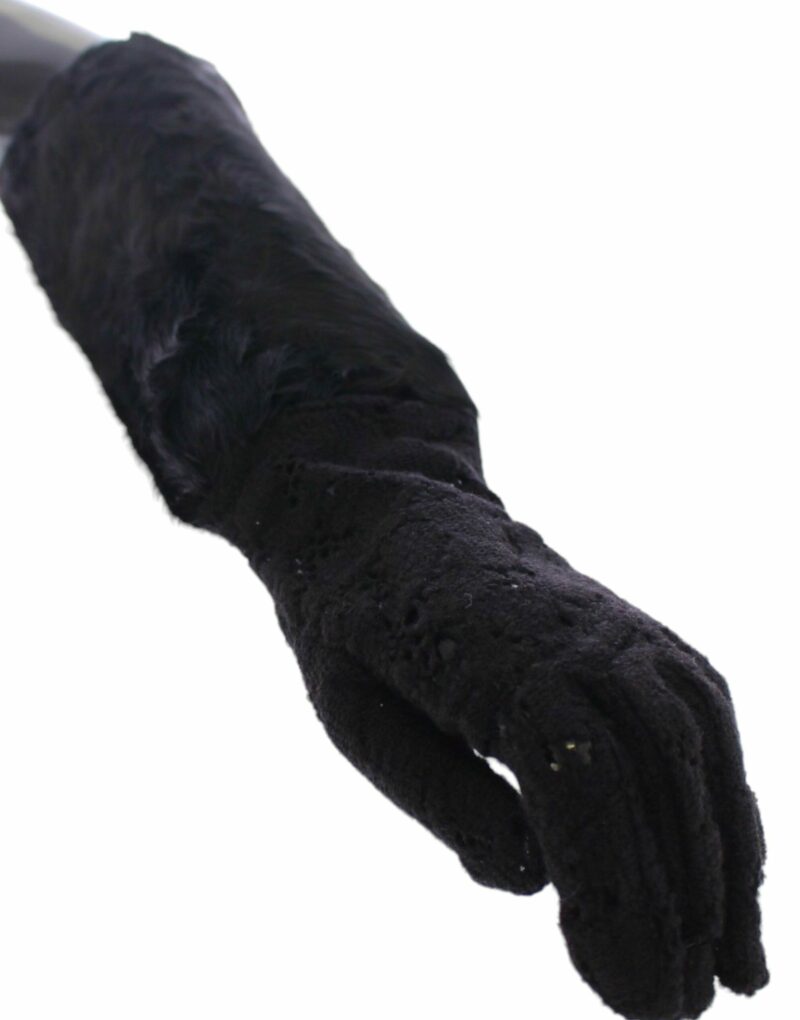 Dolce & Gabbana Black Wool Lace & Lamb Fur Elbow Gloves - Image 5